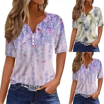 Женская модная повседневная футболка с цветочным принтом и v-образным вырезом, топ на пуговицах с короткими рукавами XXL зелёный