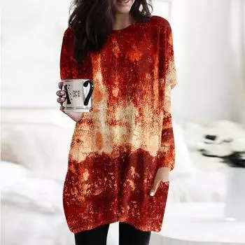 Женская модная повседневная футболка с длинным рукавом и принтом на Хэллоуин с круглым вырезом и двумя карманами L