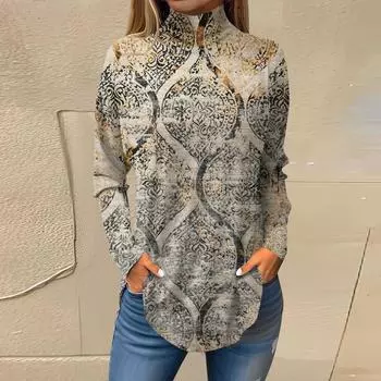 Женская модная повседневная футболка с длинным рукавом с высоким воротом и принтом, пуловер, топ XXXL хаки