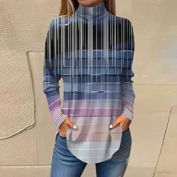 Женская модная повседневная футболка с длинным рукавом с высоким воротом и принтом, пуловер, топ L синий