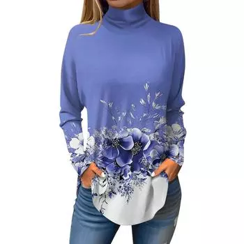 Женская модная повседневная футболка с длинным рукавом с высоким воротом и принтом, пуловер, топ L синий