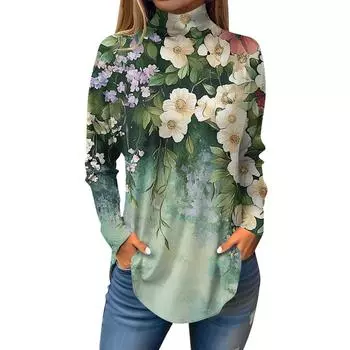 Женская модная повседневная футболка с длинным рукавом с высоким воротом и принтом, пуловер, топ L армия зеленый