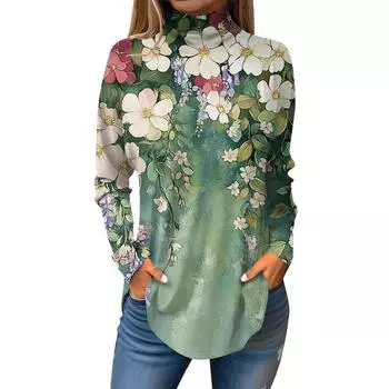 Женская модная повседневная футболка с длинным рукавом с высоким воротом и принтом, пуловер, топ L армия зеленый