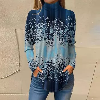 Женская модная повседневная футболка с длинным рукавом с высоким воротом и принтом, пуловер, топ L синий