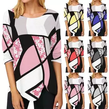 Женская модная повседневная футболка с длинным рукавом с круглым вырезом и длинными рукавами, нерегулярный цвет, футболка с длинным рукавом с принтом, топ