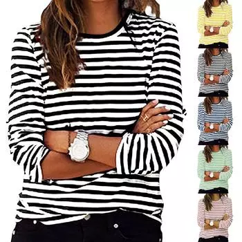 Женская модная повседневная футболка с длинным рукавом и круглым вырезом, полосатая футболка