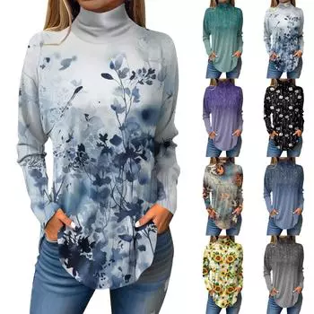 Женская модная повседневная футболка с длинным рукавом с высоким воротом и принтом, пуловер, топ L