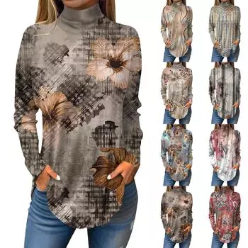 Женская модная повседневная футболка с длинным рукавом с высоким воротом и принтом, пуловер, топ L хаки