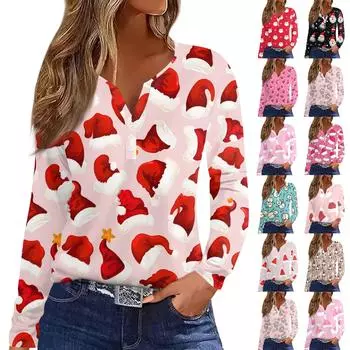 Женская модная повседневная футболка с длинным рукавом и V-образным вырезом на рождественском принте на пуговицах M розовый