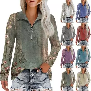 Женская модная повседневная футболка с длинным рукавом и винтажным цветочным принтом на молнии с лацканами XXL белый