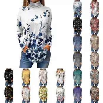 Женская модная повседневная футболка с длинным рукавом с высоким воротом и принтом, пуловер, топ L бежевый