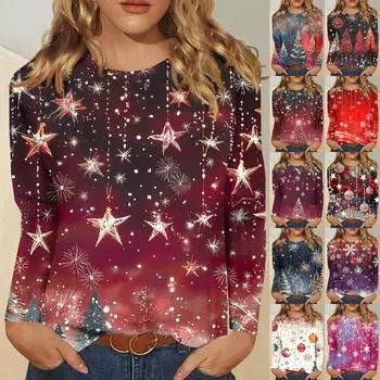 Женская модная повседневная футболка с длинным рукавом и рождественским принтом, с круглым вырезом M чёрный