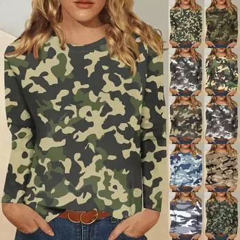 Женская модная повседневная футболка с длинным рукавом и круглым вырезом с камуфляжным принтом M коричневый