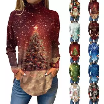 Женская модная повседневная футболка с длинным рукавом с высоким воротом и принтом, пуловер, топ XL