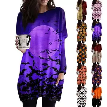 Женская модная повседневная футболка с длинным рукавом и принтом на Хэллоуин с круглым вырезом и двумя карманами S