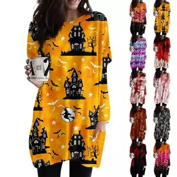 Женская модная повседневная футболка с длинным рукавом и принтом на Хэллоуин с круглым вырезом и двумя карманами L киноварь