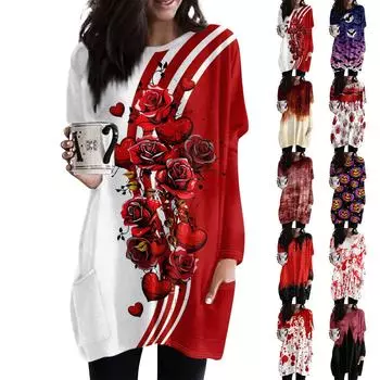 Женская модная повседневная футболка с длинным рукавом и принтом на Хэллоуин с круглым вырезом и двумя карманами XXL