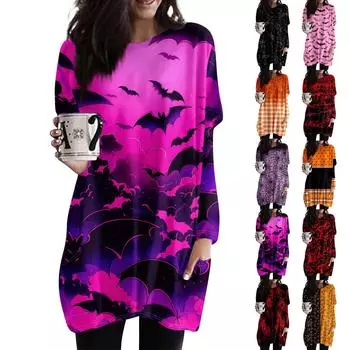 Женская модная повседневная футболка с длинным рукавом и принтом на Хэллоуин с круглым вырезом и двумя карманами M чёрный