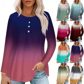 Женская модная повседневная футболка с длинным рукавом, круглым вырезом, пуговицами, пэчворком, плиссированным градиентным принтом XXXL зелёный