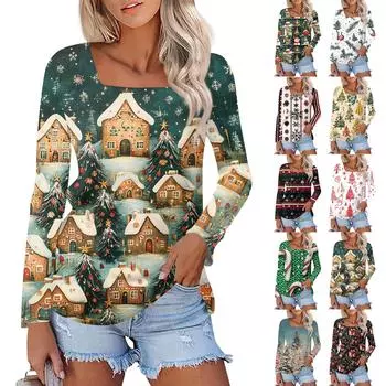 Женская модная повседневная футболка с длинным рукавом и принтом елки и снежинки XXL