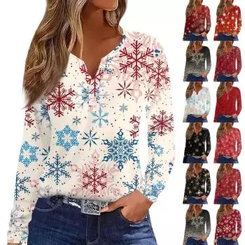 Женская модная повседневная футболка с длинным рукавом и V-образным вырезом на рождественском принте на пуговицах L