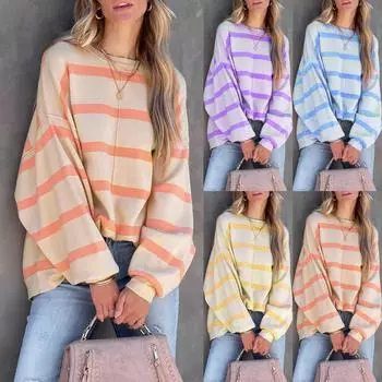 Женская модная повседневная футболка с длинным рукавом и круглым вырезом, полосатая футболка M синий