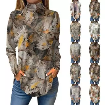 Женская модная повседневная футболка с длинным рукавом с высоким воротом и принтом, пуловер, топ L бежевый