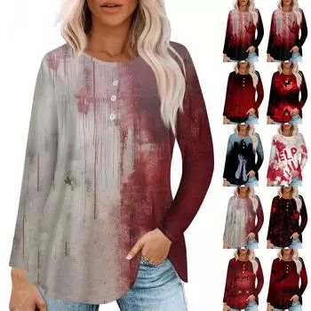 Женская модная повседневная футболка с длинным рукавом, круглым вырезом, пуговицами, пэчворком, плиссированным принтом на Хэллоуин S хаки