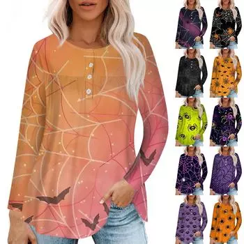 Женская модная повседневная футболка с длинным рукавом, круглым вырезом, пуговицами, пэчворком, плиссированным принтом на Хэллоуин XL