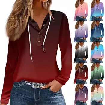 Женская модная повседневная футболка с длинным рукавом на пуговицах с капюшоном и принтом L синий