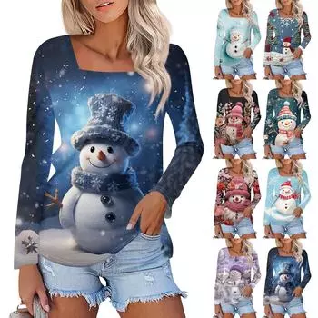 Женская модная повседневная футболка с длинным рукавом и принтом рождественского снеговика S розовый