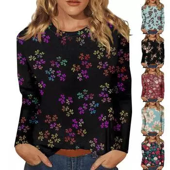 Женская модная повседневная футболка с длинным рукавом с цветочным принтом и круглым вырезом, топы S красный