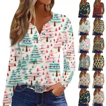 Женская модная повседневная футболка с длинным рукавом и V-образным вырезом на рождественском принте на пуговицах XL
