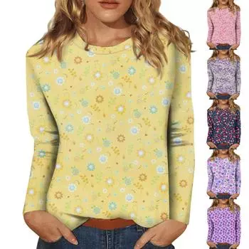 Женская модная повседневная футболка с длинным рукавом с цветочным принтом и круглым вырезом, топы S тёмно-синий