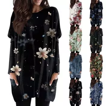 Женская модная повседневная футболка с длинным рукавом и принтом, круглым вырезом и двойным карманом, топ M