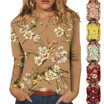 Женская модная повседневная футболка с длинным рукавом с цветочным принтом и круглым вырезом, топы M красный