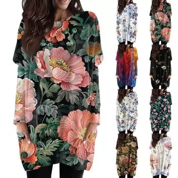 Женская модная повседневная футболка с длинным рукавом и принтом, круглым вырезом и двойным карманом, топ XL розовый