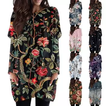 Женская модная повседневная футболка с длинным рукавом и принтом, круглым вырезом и двойным карманом, топ M тёмно-синий