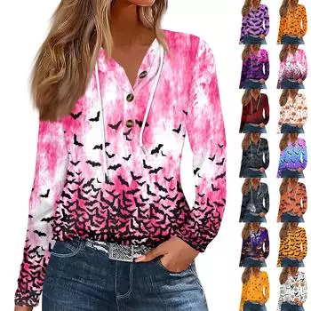 Женская модная повседневная футболка с длинным рукавом на пуговицах с капюшоном и принтом на Хэллоуин XL