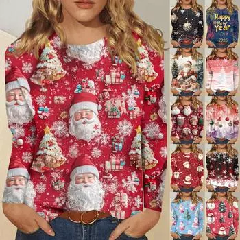 Женская модная повседневная футболка с длинным рукавом и рождественским принтом, с круглым вырезом S