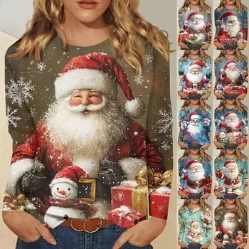 Женская модная повседневная футболка с длинным рукавом и рождественским принтом, с круглым вырезом L