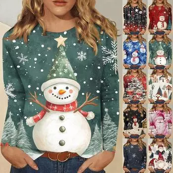 Женская модная повседневная футболка с длинным рукавом и рождественским принтом, с круглым вырезом L бежевый