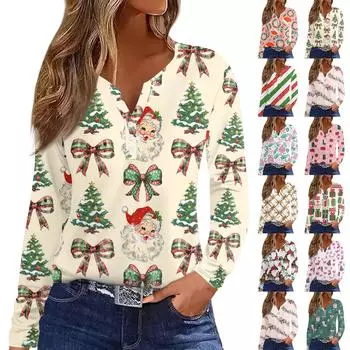 Женская модная повседневная футболка с длинным рукавом и V-образным вырезом на рождественском принте на пуговицах S розовый