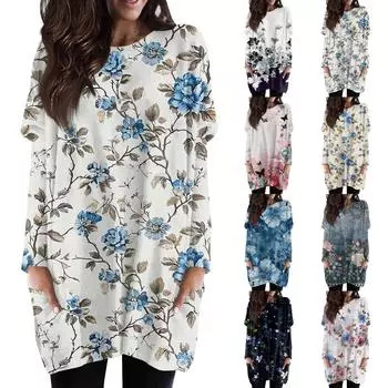 Женская модная повседневная футболка с длинным рукавом и принтом, круглым вырезом и двойным карманом, топ XL чёрный