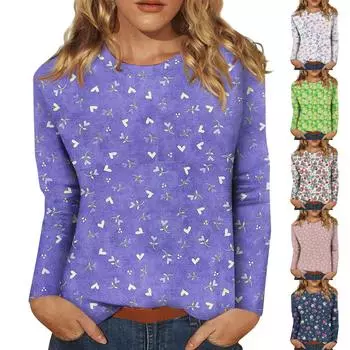 Женская модная повседневная футболка с длинным рукавом с цветочным принтом и круглым вырезом, топы L