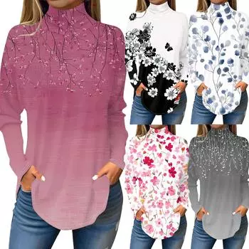 Женская модная повседневная футболка с длинным рукавом с высоким воротом и принтом, пуловер, топ S винный