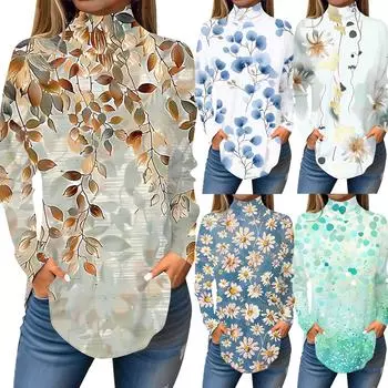 Женская модная повседневная футболка с длинным рукавом с высоким воротом и принтом, пуловер, топ M