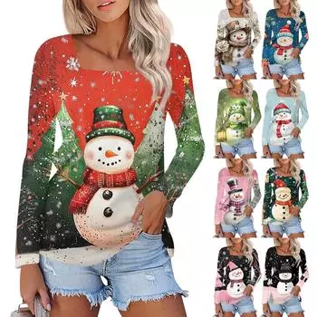 Женская модная повседневная футболка с длинным рукавом и принтом рождественского снеговика M чёрный