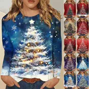 Женская модная повседневная футболка с длинным рукавом и рождественским принтом, с круглым вырезом S винный