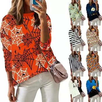 Женская модная повседневная футболка с длинным рукавом и круглым вырезом с принтом на тему Хэллоуина XL